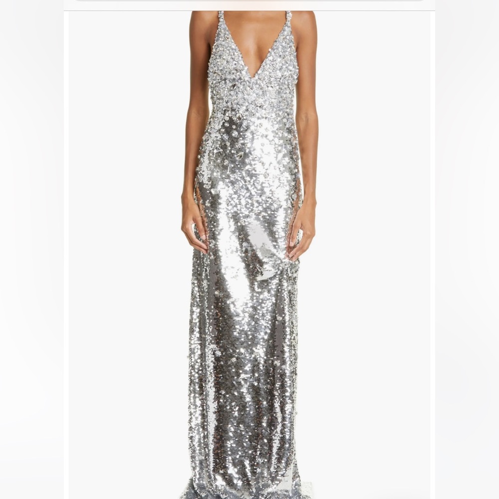 Carolina Herrera Silver Sequin Maxi Dress